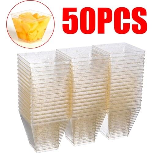 50pcs 60ml Plastic Dessert Cups Square Trapezoid Disposable Food Cake Dessert Cup Cube Pudding Sauce Jelly Container 5*5*4.5cm