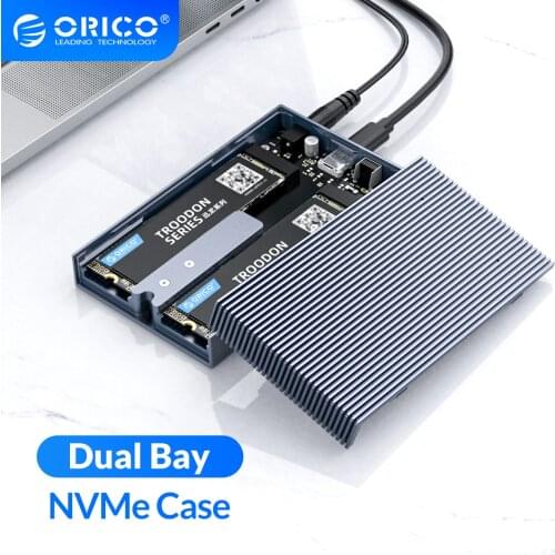 ORICO Dual Bay Aluminum M.2 NVME SSD Enclosure USB C 3.1 Gen2 10Gbps For M Key & M/B Key NVME PCIe SSD With 5V4A Power Adapter