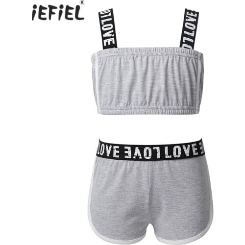 Kids Girls Tankini Outfit Sports Clothes Wide Shoulder Straps Tube Top Bottoms Sweatsuit Gymnastics Workout Fitness Activewear