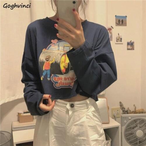 Women Long Sleeve Fashion Cartoon Printed T-shirts Sexy Short O-neck Korean Style Tops Ladies Streetwear Ins All-match Chic Cute