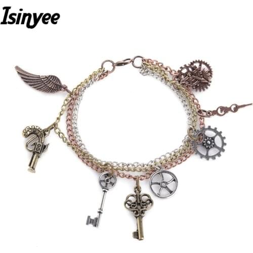 ISINYEE Vintage Key Angel Wings Gears Charm Steam Punk Bangles Bracelets For Women Men Steampunk Jewelry Best Friends Gifts