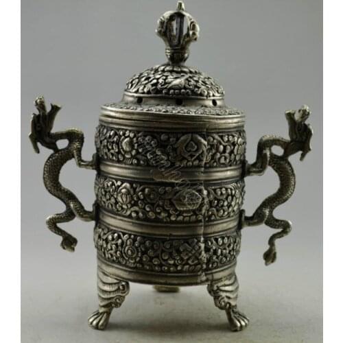 Exquisite Chinese Collectible Decorated Old Handwork Tibetan Silver Double Dragons Incense Burner