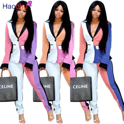 HAOOHU Color contrast 2 piece set women Suit female 2020 autumn long - sleeved small suit jacket trousers casual OL suit