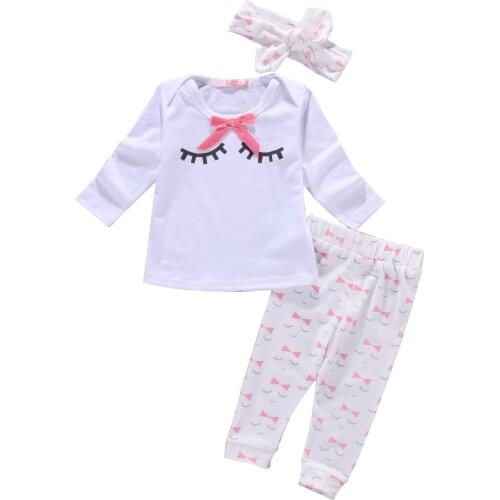 Newborn Baby girls suit girls' Eyelashes printed T-Shirt+ Pants+Headband baby girl 3 pieces suit Infant girls clothing outfits