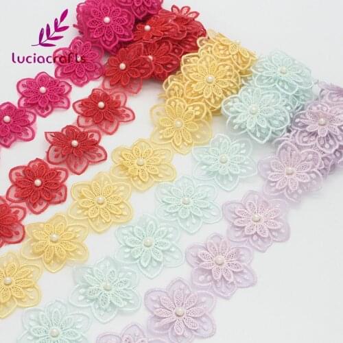 Lucia crafts 1y/lot Embroidery Flower With Pearls Lace Ribbons Garment Sewing Accessories N0501