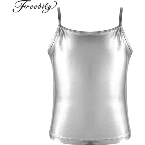 Kids Girls Ballet Dancewear Shiny Metallic Camisole Tops Tank Top Girls Gymnastics Stage Performance Workout Jazz Dance Costume