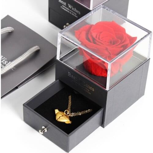 New Preserved Real Rose Jewelry Box with Necklace Holder Immortal Flowers Forever Blossom Wedding Birthday Gift Set for Women