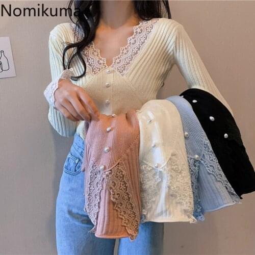 Nomikuma Lace Patchwork Pullover Jumpers V Neck Long Sleeve Slim Fit Sweater Women New Arrival Pearl Buttons Chic Pull Femme