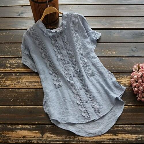 6225 New Summer Women Lace Short Sleeve Tops Japan Style Mori Girl Literary Ruffled Collar Shirts Blouse