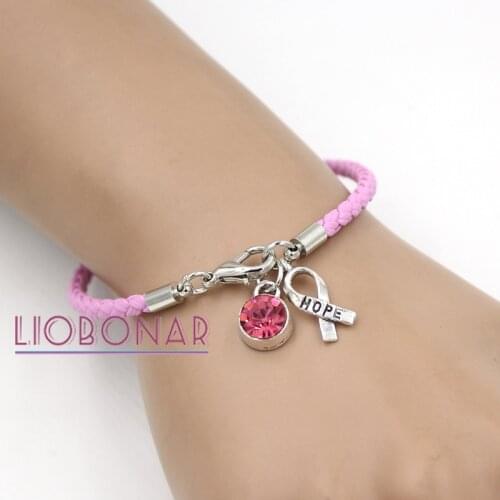 Wholesale Breast Cancer Awareness Bracelet Jewelry Pink Leather Hope Ribbon Charm Bracelets for Cancer Center Foundation Gift