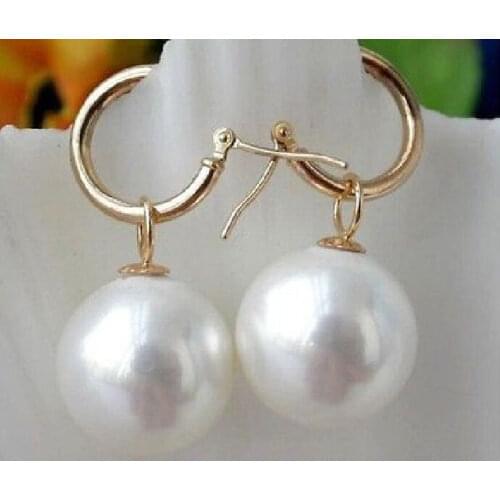 Handmade lovely bead genuine 14mm Huge AAAA+ White South Sea Shell Pearl Earring rLuxury Ms. girl Wedding