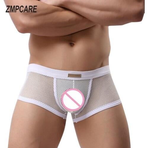 Sexy Mens Boxers Shorts Transparent Mesh Boxer Brave Person See Through Underpants Low Rise Man Sex Underwear Lingerie Trunk