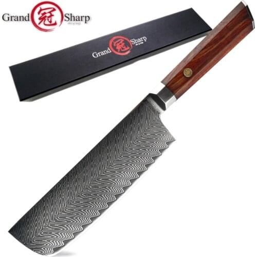 Grandsharp Kitchen Knives Japanese Nakiri Knife Damascus Stainless Steel 67 Layers Vegetables Meat Fish Slicing Chopping Cooking