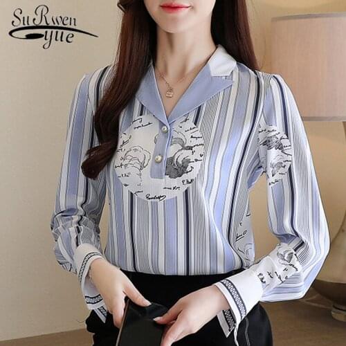 2020 Style Clothing Long Sleeve Print Shirt Women Striped Office Lady Blouse Busas Elegantes Tops Women Clothes 8455 50
