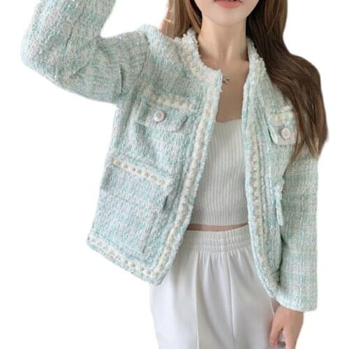 New Arrival Fashion Tweed Jacket Autumn Women Long Sleeve Pearls Beading Light Green Vintage Coat Elegant Woolen Outerwear