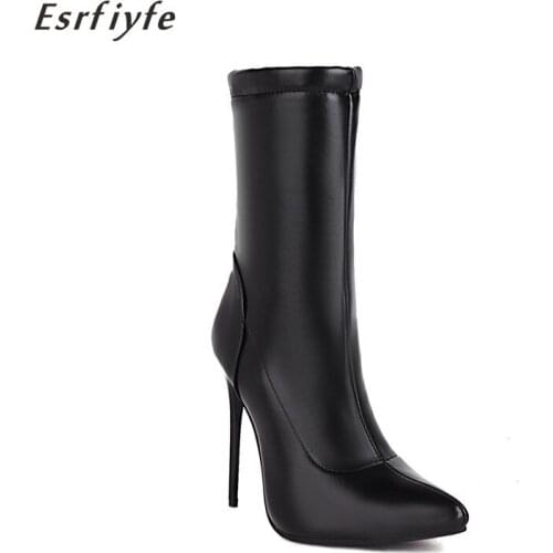 ESRFIYFE 2021 New Ankle Boots Women Thin Heels Pointed Toe Booties Flock Sexy Woman Autumn Winter Short Boots Large Size 34-48
