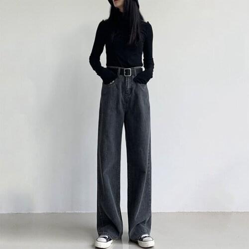 High Waist Straight Jeans Women Street Casual Retro Loose Trousers Spring and Autumn Smoke Gray Wide-Leg Womens Jeans 2021 New
