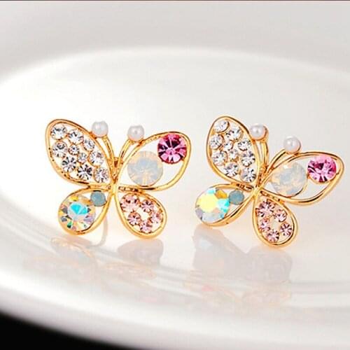Women Ear Studs Alloy Rhinestone Hollow Butterfly Stud Earrings Pierced Earrings Rhinestone Butterfly Earings Sweet Earings
