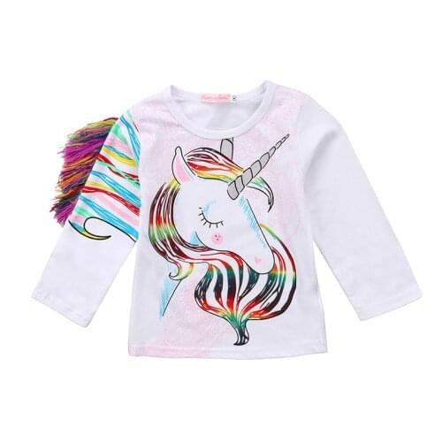 2018 Fashion New Toddler Kids Baby Girls Long Sleeve Unicorn T-shirt Cartoon Cotton Tassel Clothes Tee Tops 1-6Y