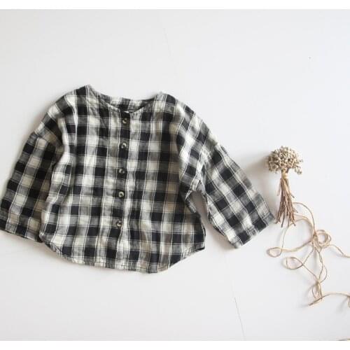 2021 new girls boys plaid shirt cotton linen spring summer full sleeve kids top