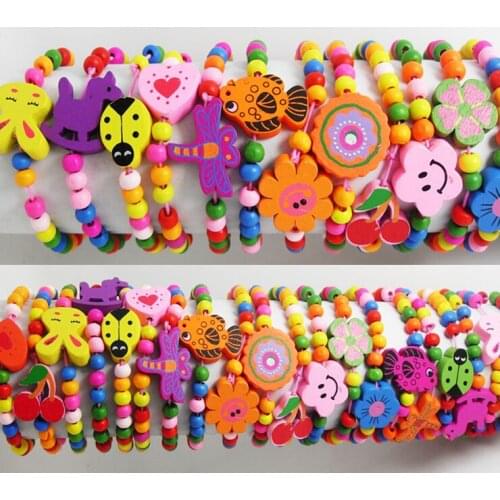60pcs Kids Girls Children Wood beads Beautiful Bracelet Charm Lovely Wristbands Wholesale Birthday Party Bag Gift Filler Jewelry