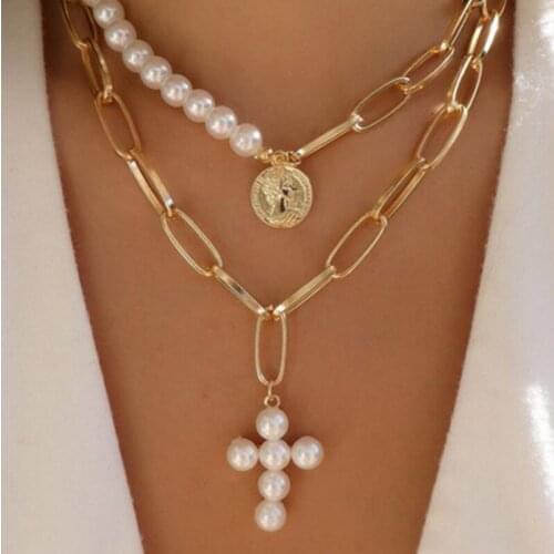 Asymmetry Pearl Chain Virgin Mary Cross Pendant Choker Necklace Women High Quality Collares Jewelry