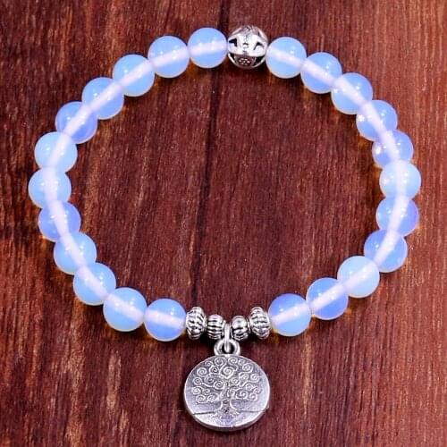 Tree Life Buddha Beads Bracelet Charm Elastic White Moonstone Natural Stone Strand Bracelet Women Bracelet Men Jewelry