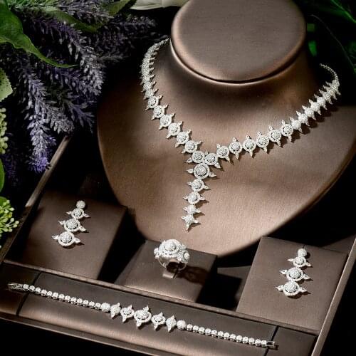 HIBRIDE New Fashion Cubic Zirconia 4pcs Neckalce and Earring Set Geometric Design Jewelry Set for Womrn Bridal Party Gift N-1830