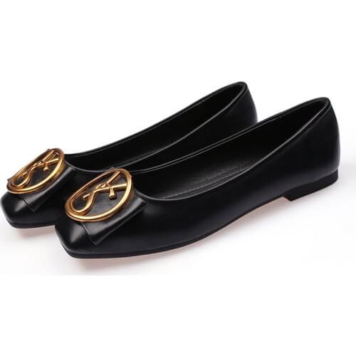 Classic Shallow Square Toe Flats Casual Shoes Women Metal letters Slip Square Toe comfort Shoes Black For Lady flat shoes