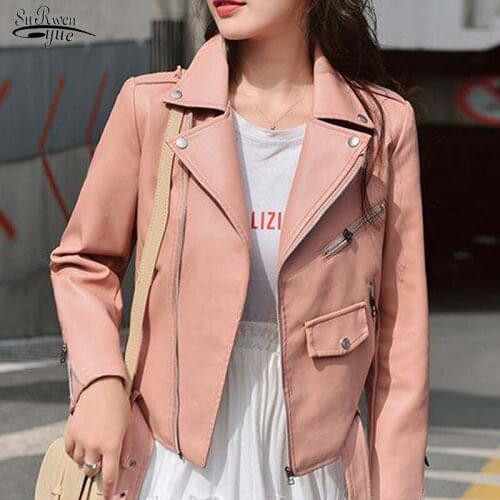 Fashion New Spring Autumn Women Faux Leather Jacket Ladies Solid with Belt Zipper Biker Coat Female Casual Outwear Pink 15692