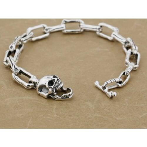 LINSION 925 Sterling Silver Skull Bone Chain Mens Biker Rocker Punk Bracelet 8W008
