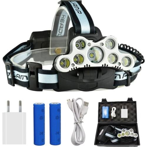 7 LED Powerful 5x T6 + 2x Q5 LED Headlamp Tactical Headlight Rechargeable Head Lamp Fishing Light + 2x 18650 Battery + Charger
