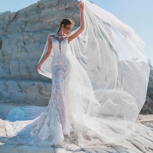 Sexy O-neck Sleeveless Wedding Dresses with Detachable Cape Lace Applique Mermaid Wedding Dress Bridal Gown Vestido De Noiva