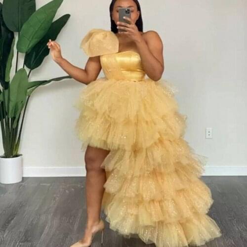 Chic 2021-2022 Shiny Ruffles Tiered Tulle Skirts Women To Party Puffy High Low Long Sparkle Tulle Dresses Female Bottom