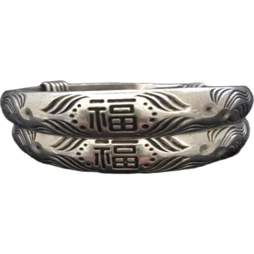 Old Handwork Miao Silver Carve China Adjust Pair Bracelet
