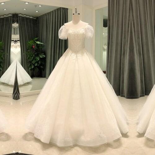 SL8233 ball gown wedding dress with puff sleeves lace v neck floor length wedding bridal dresses tulle cheap bride gowns 2021