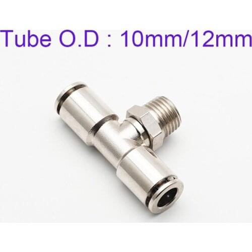 PB 10mm/12mm Tube Copper Nickel-plated Tee Joint 1/8 1/4 1/2 Male High Temperature Pressure Metal Quick Pipe Connector T type