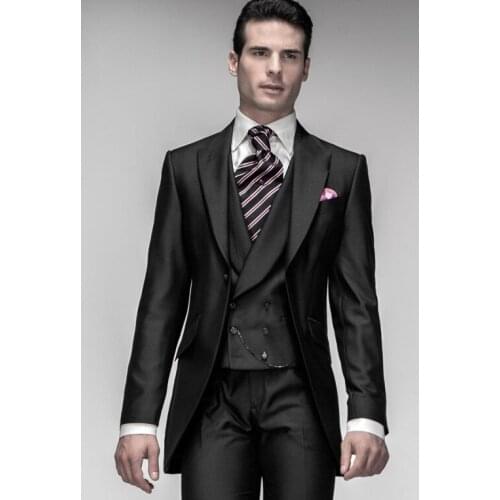 Morning Style Groom Tuxedo Black Groomsmen Peak Lapel Wedding/Dinner Suits Best Man Bridegroom (Jacket+Pants+Tie+Vest)B307