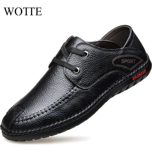 WOTTE Men Leather Casual Shoes Fashion Men Shoes Breathable Comfortable Men Soft Leather Shoes Lace-up Moccasins Size 38-44