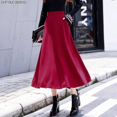Fashion Streetwear Maxi Skirt Plus Size Vintage Long Skirt Elastic High Waist Saias Red Green Black Winter Woolen Ladies Skirts
