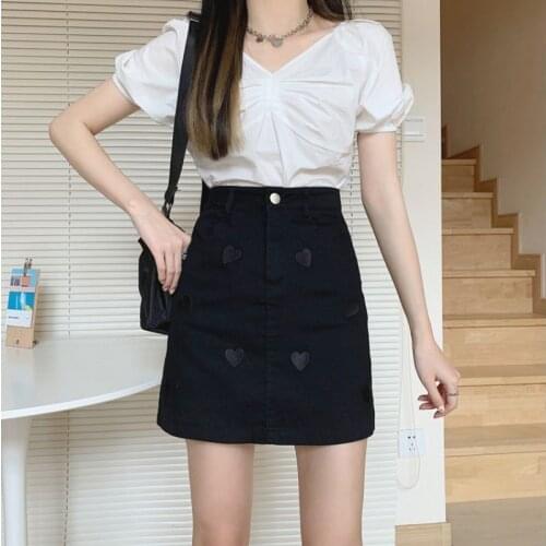 Summer 2021 skirt loose large size female high waist all-match love embroidered denim skirt