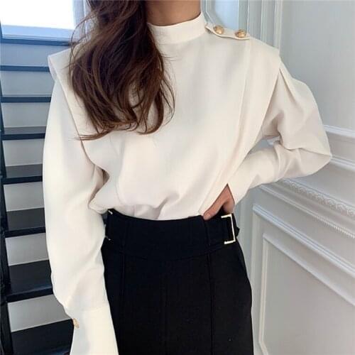 Women Korean Button Loose Office Lady Casual Elegance Half High Collar Long Sleeve Shirt Female Vintage Blouse
