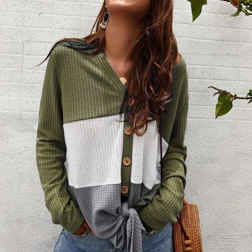 Color Block Hoodie Womens V-neck Stitching Knit Sweatshirt with Buttons 2021 Waist Long-sleeved Deep V-neck Hoodie Front Knot