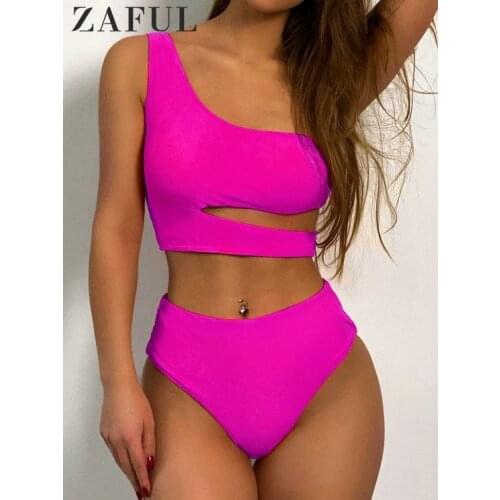 ZAFUL One Shoulder Cutout Tankini Swimsuit Women High Waist Cropped Bikini Set Summer Sexy Female Swimwear Beach Bathing Suit