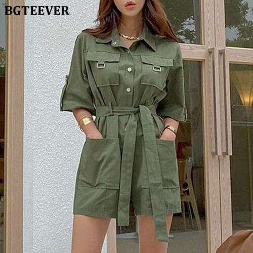 BGTEEVER Summer Lapel Single-breasted Women Playsuits 2020 Casual Short Sleeve Pockets Belted Sashes Female Jumpsuits Rompers
