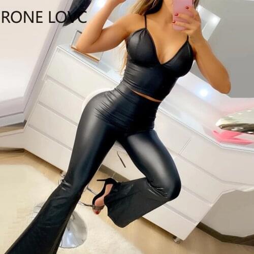 Women Pu Leather Spaghetti Strap Crop Top & Flared Pants Set Solid Set Two pieces