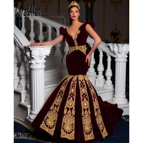 Sexy Velvet Burgundy Evening Dresses Beaded Lace Applique Formal Arabic Mermaid Prom Gowns for Bride 2021 robes de cocktail