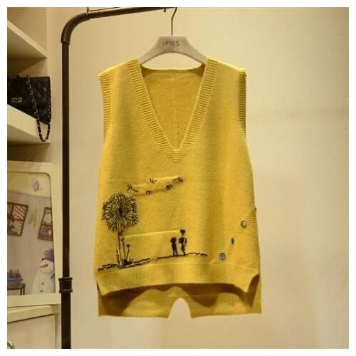 Yellow Spring Fall Korean Japan V-neck Knit Sleeveless Sweater Vest Loose Coat Outcoat Lady Top Cloth for Women girl Waistcoat