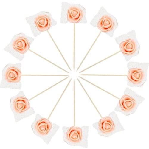 12 PCS Pink Princess Rose Flower Cake Cupcake Toppers Picks for Wedding Birthday Baby Shower Kids' Party Decorations