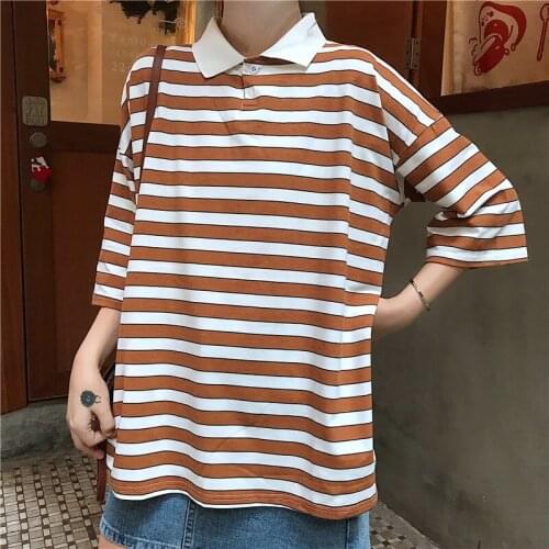2021 Summer Vintage Korean Fashion Striped Short-Sleeved Girl T-Shirt Kawaii Student Young Girl Oversize Grunge t-Shirt Girl Top